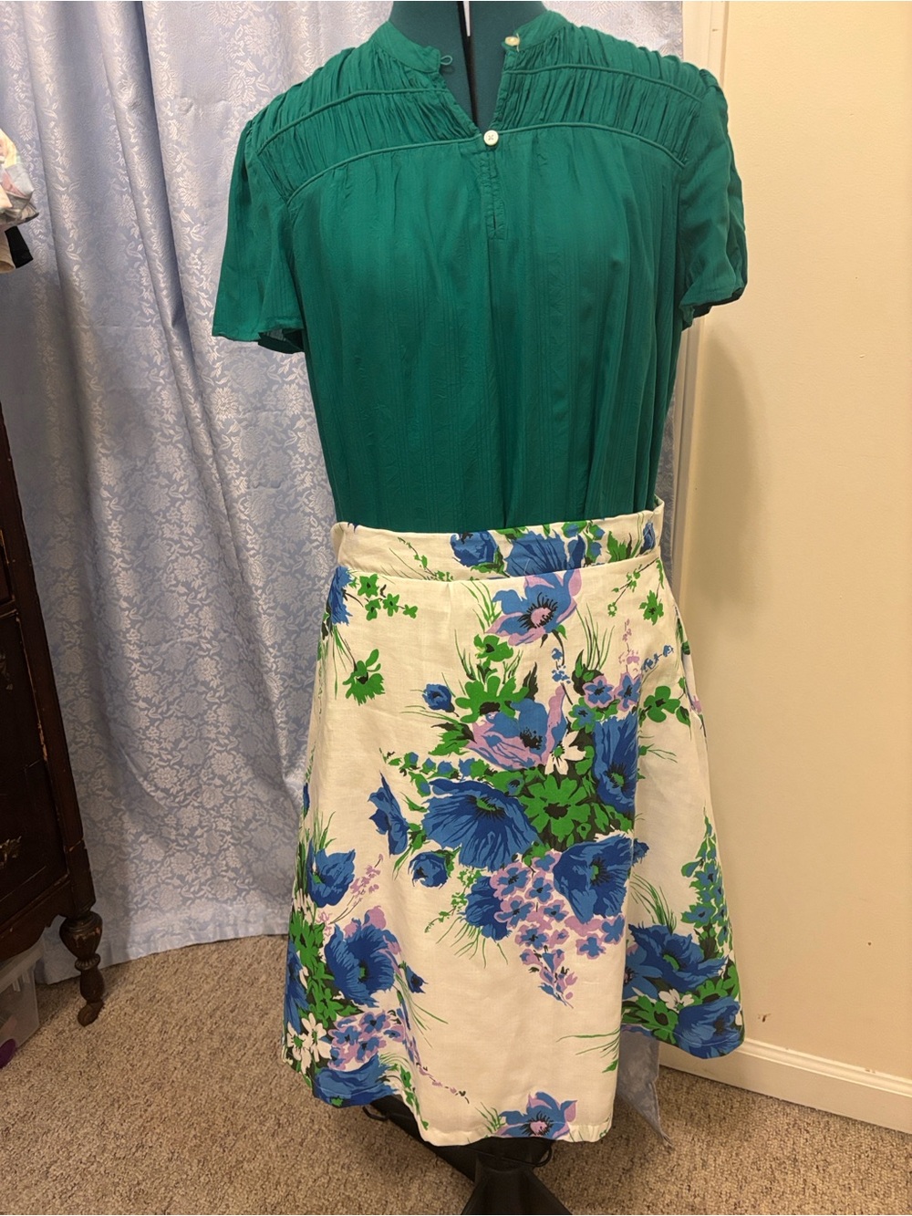 Floral A-Line Skirt in White with Blue and Green Print